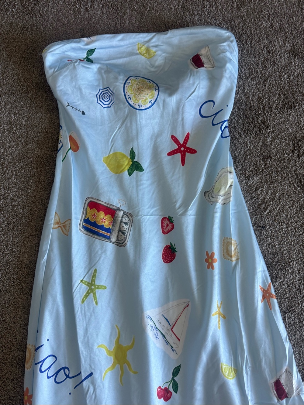 SOLD NWT For Love & Lemons Carla Blue Strapless Printed Satin Maxi Dress Small - Picture 3 of 5